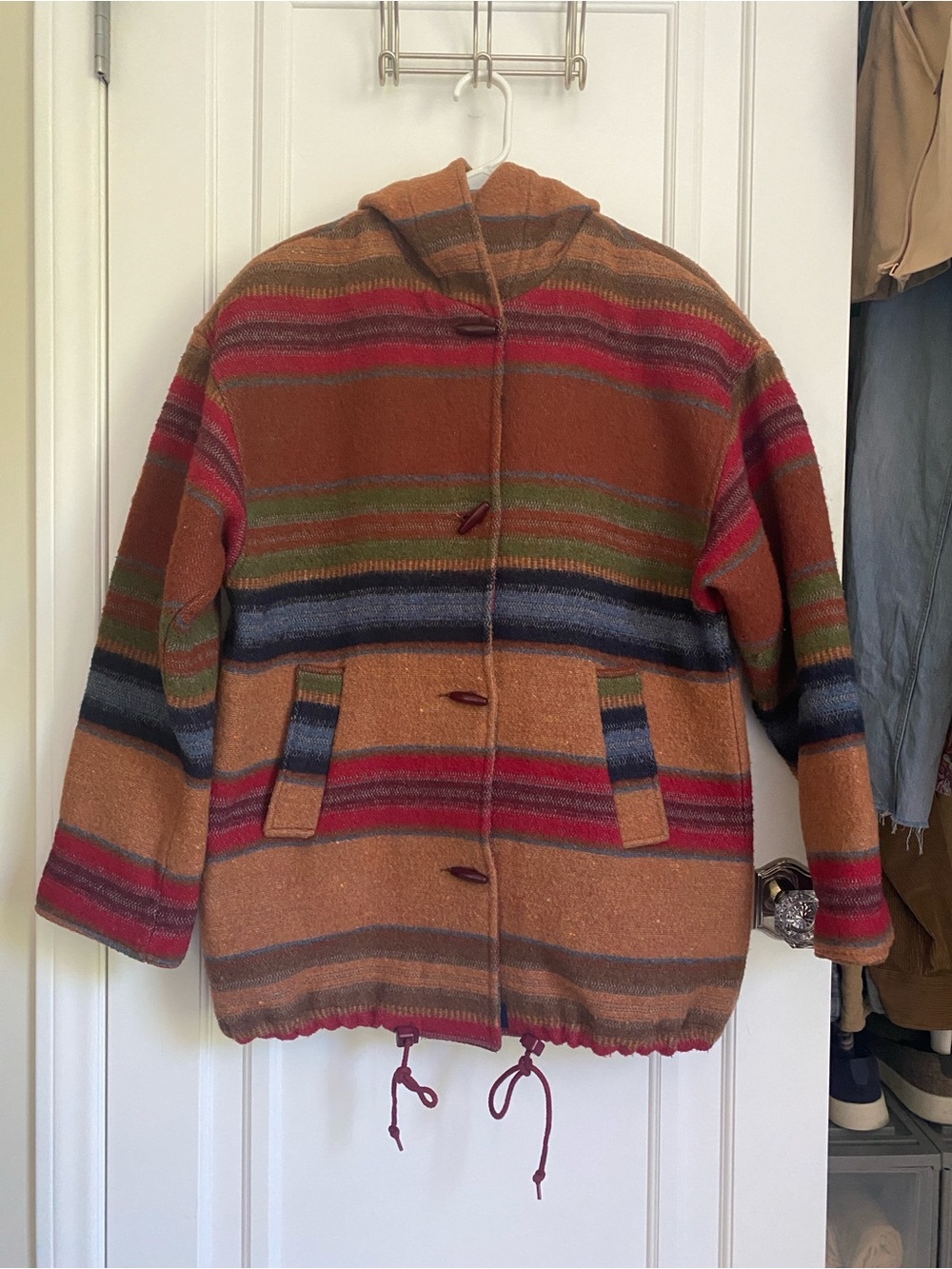 Braetan: Vintage- Striped Hooded Wool Jacket in Rust & Multicolor